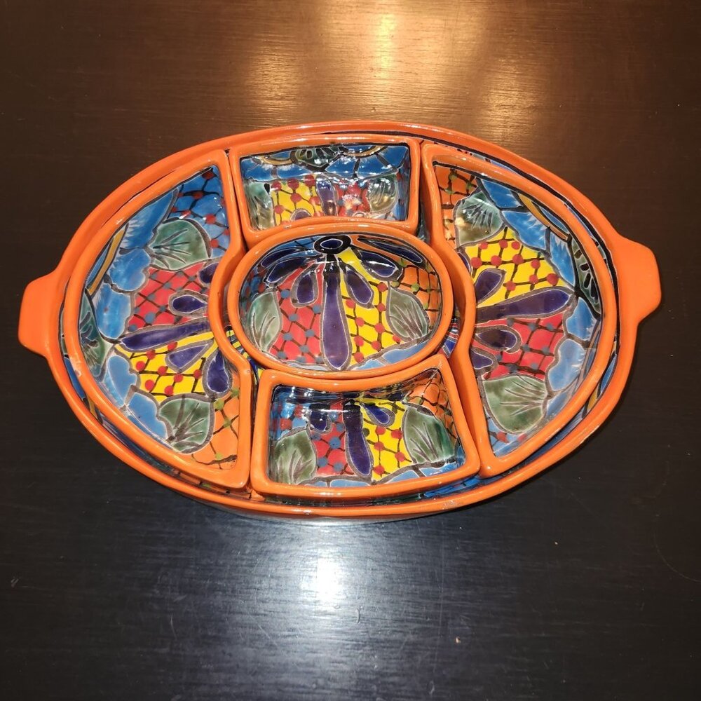 Handcrafted Mexican Talavera Ceramic Serving Dish With 5 Removable Sections